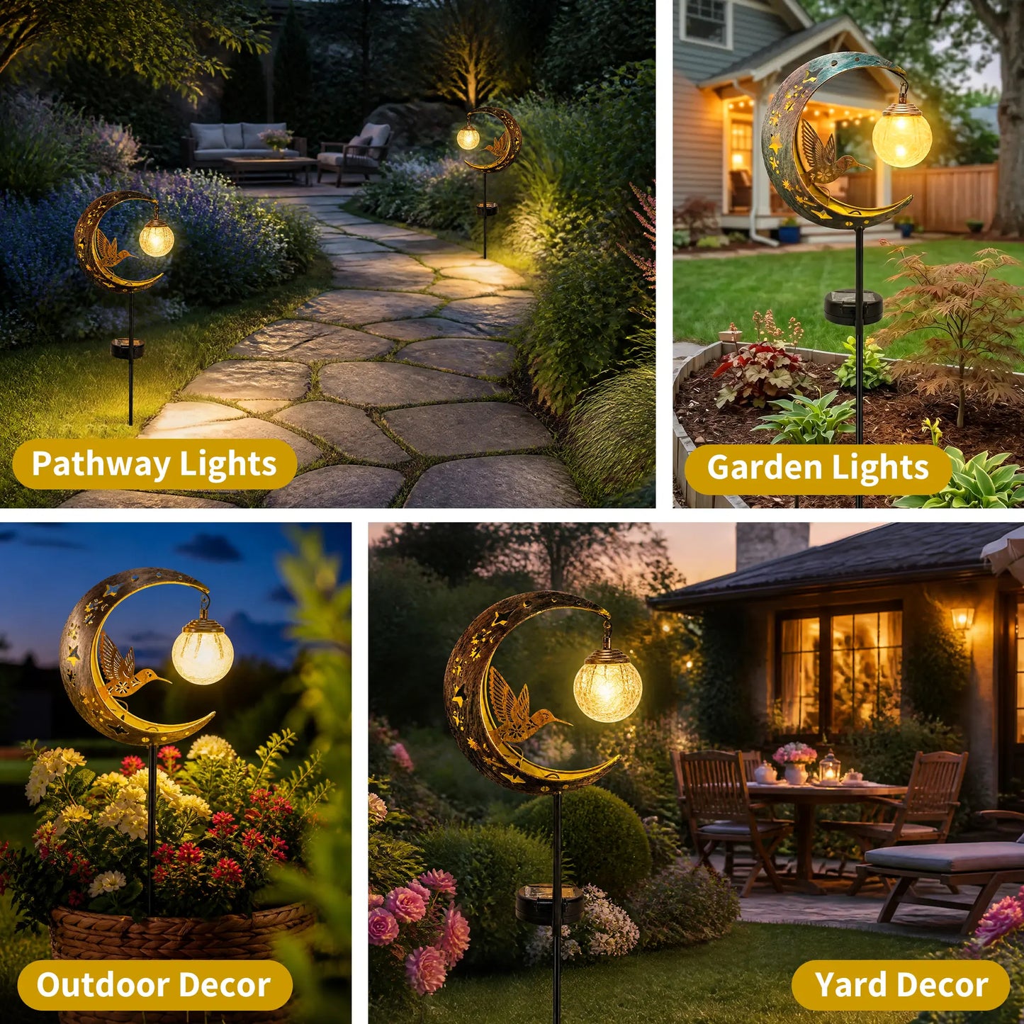 Moon & Hummingbird Garden Stake Light