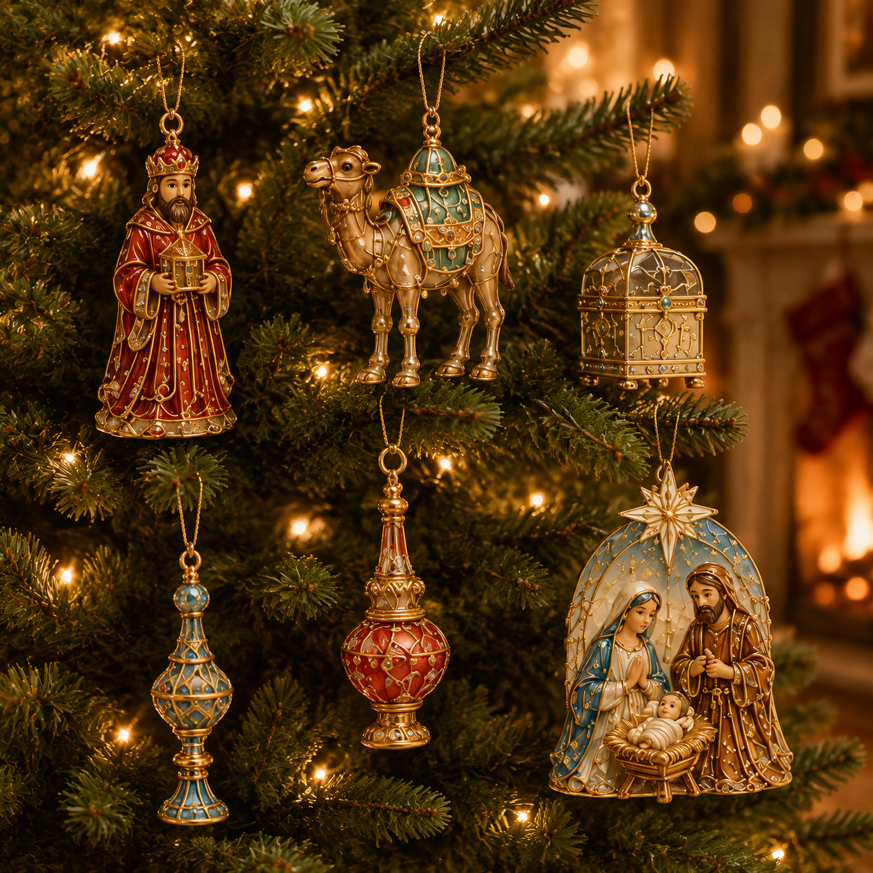 Nativity Advent Calendar keepsakes hanging on a Christmas tree