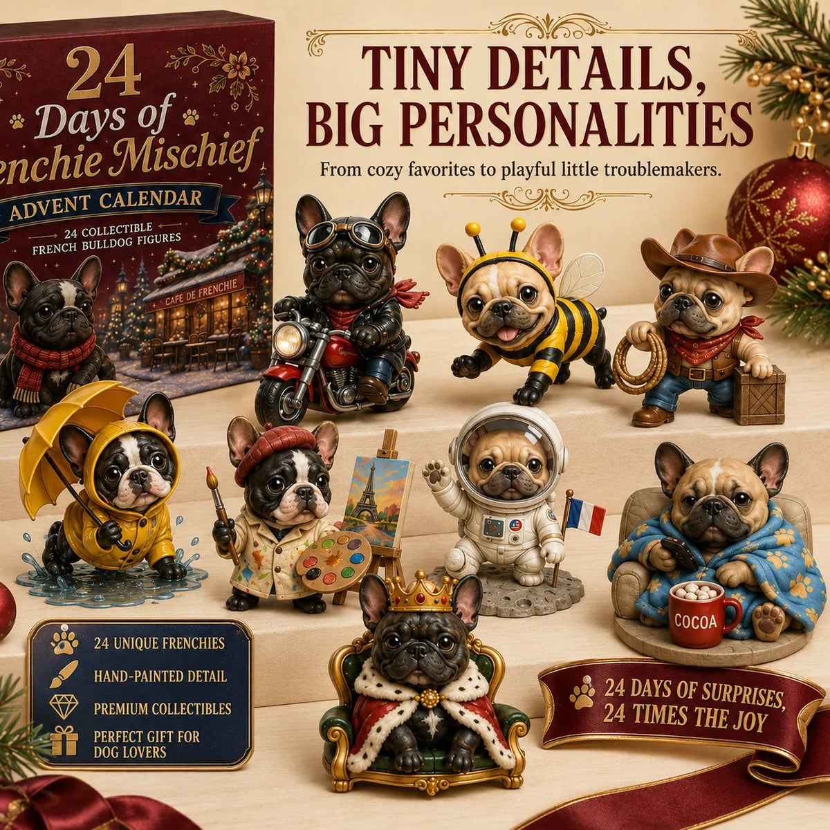 🐶 24-Day French Bulldog Christmas Advent Calendar-24 Unique Collectible Frenchie Characters with Different Outfits🎄✨