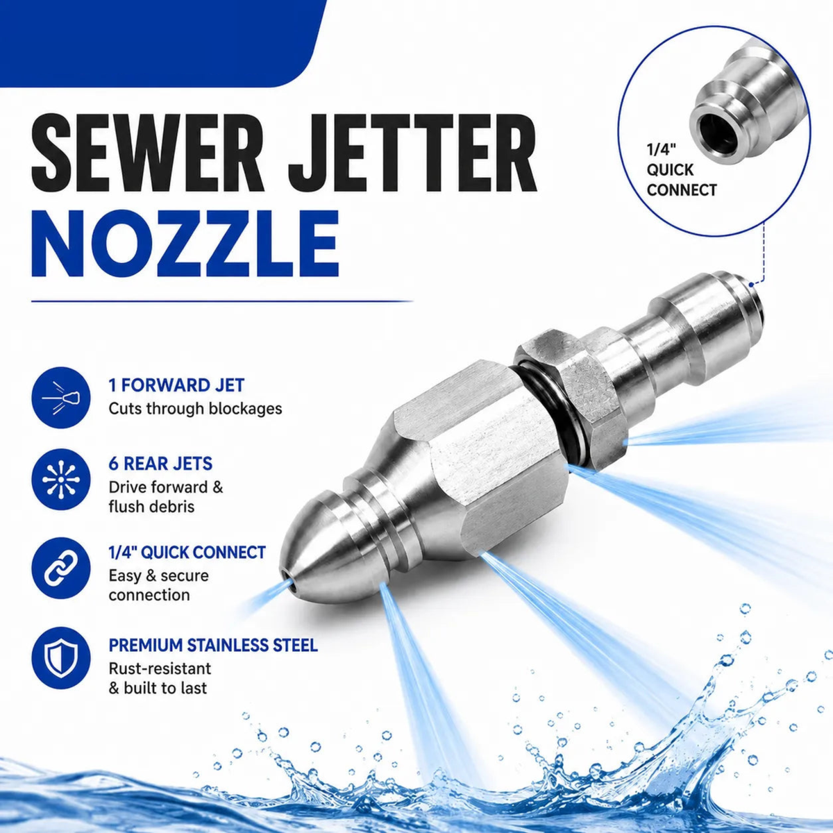 Bico de Limpeza de Esgoto em Aço Inoxidável – Acessório de Limpeza de Drenos com Conexão Rápida de 1/4" para Lavadoras de Alta Pressão