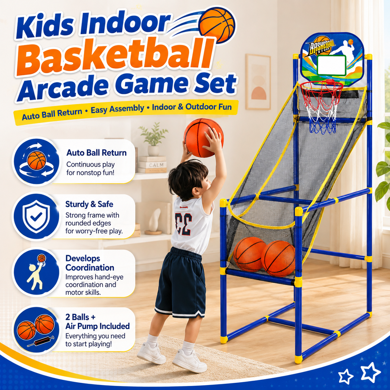 🏀 50% OFF! Kids‘ Indoor Basketball Arcade Game – Auto ball return, sturdy & safe. 4 balls + pump included. Quick setup, endless fun! 🧒💨