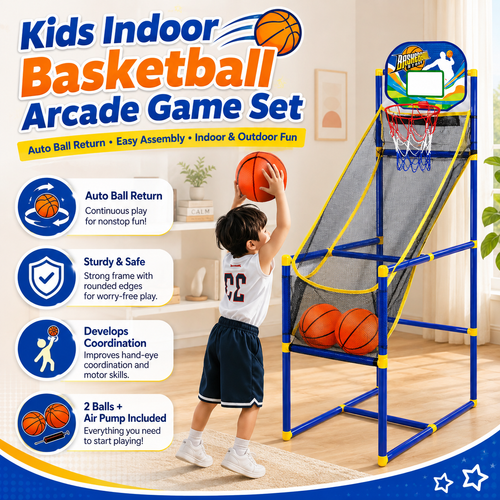 🏀 50% OFF! Kids‘ Indoor Basketball Arcade Game – Auto ball return, sturdy & safe. 4 balls + pump included. Quick setup, endless fun! 🧒💨