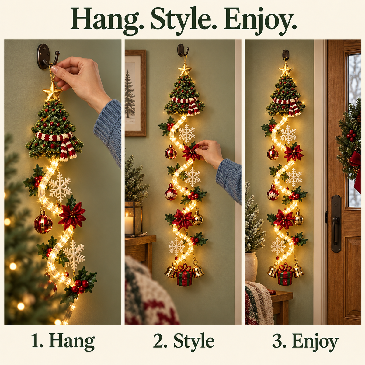 🎄 Lighted Christmas Door Hanger | 6 Festive Designs with Warm LED Glow & 3D Holiday Details