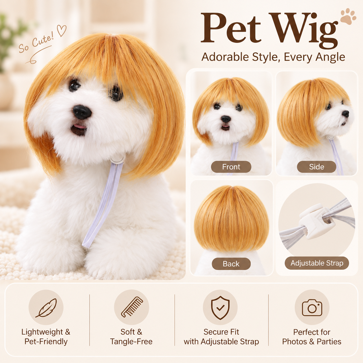 🐾 Stylish Pet Wig – Cute Bob Hairstyle for Photos, Parties & Everyday Fun