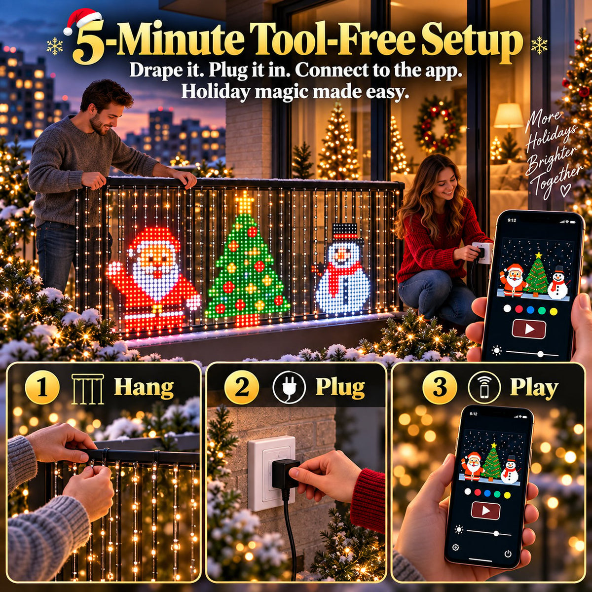 Animated Christmas LED Light Curtain | Custom App Designs & Remote Control