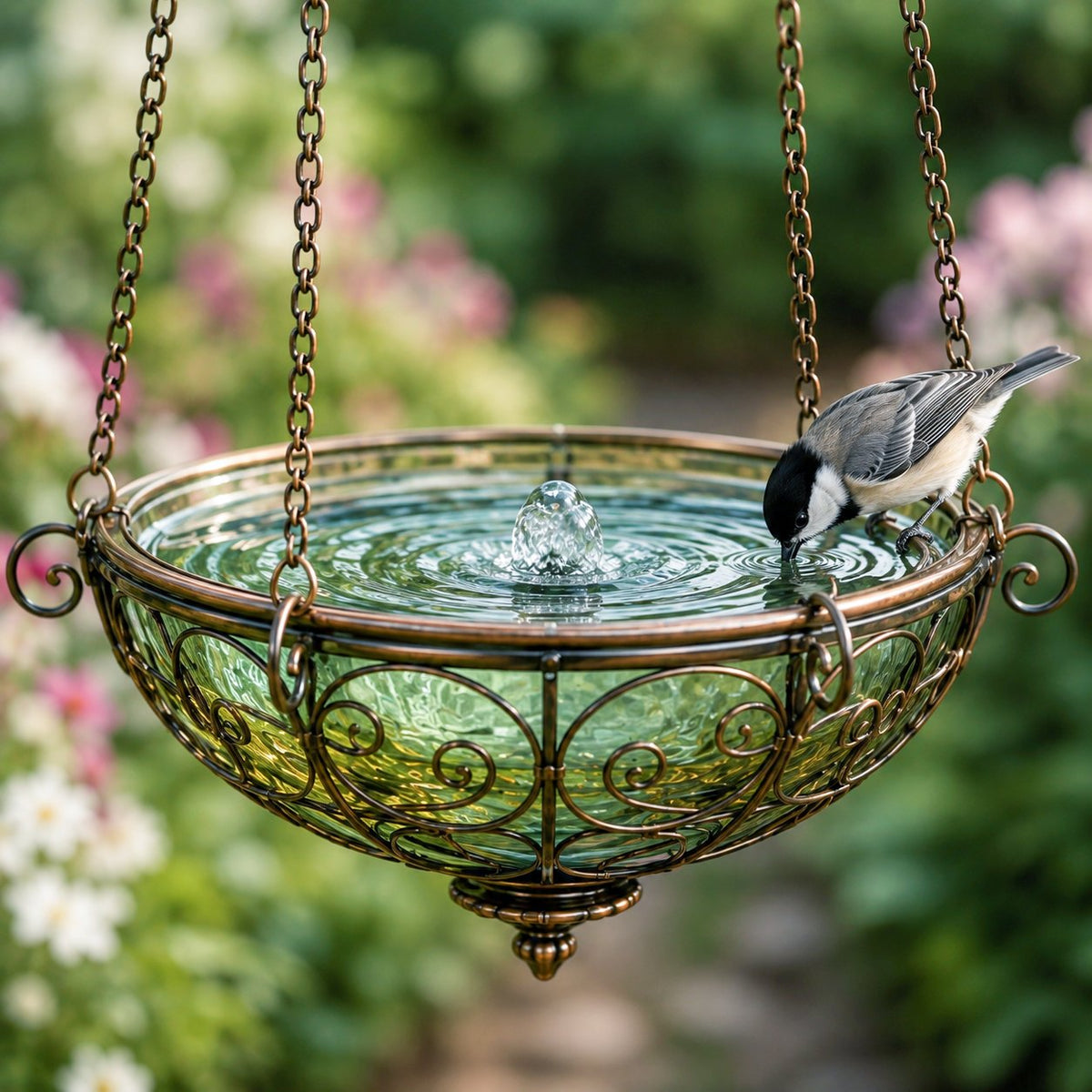 Stained Glass Hot Air Balloon Bird Feeder & Garden Fountain – Colorful Outdoor Bird Bath & Hanging Garden Decor