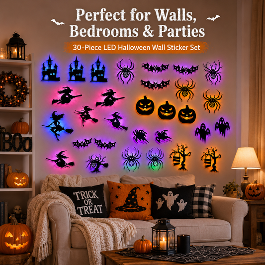 🦇 Halloween Glow-in-the-Dark Wall Stickers – 30-Piece Set for Doors, Windows & Party Backdrops 🎃👻