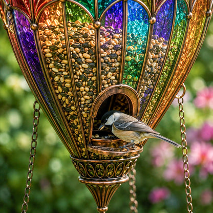 Stained Glass Hot Air Balloon Bird Feeder & Garden Fountain – Colorful Outdoor Bird Bath & Hanging Garden Decor