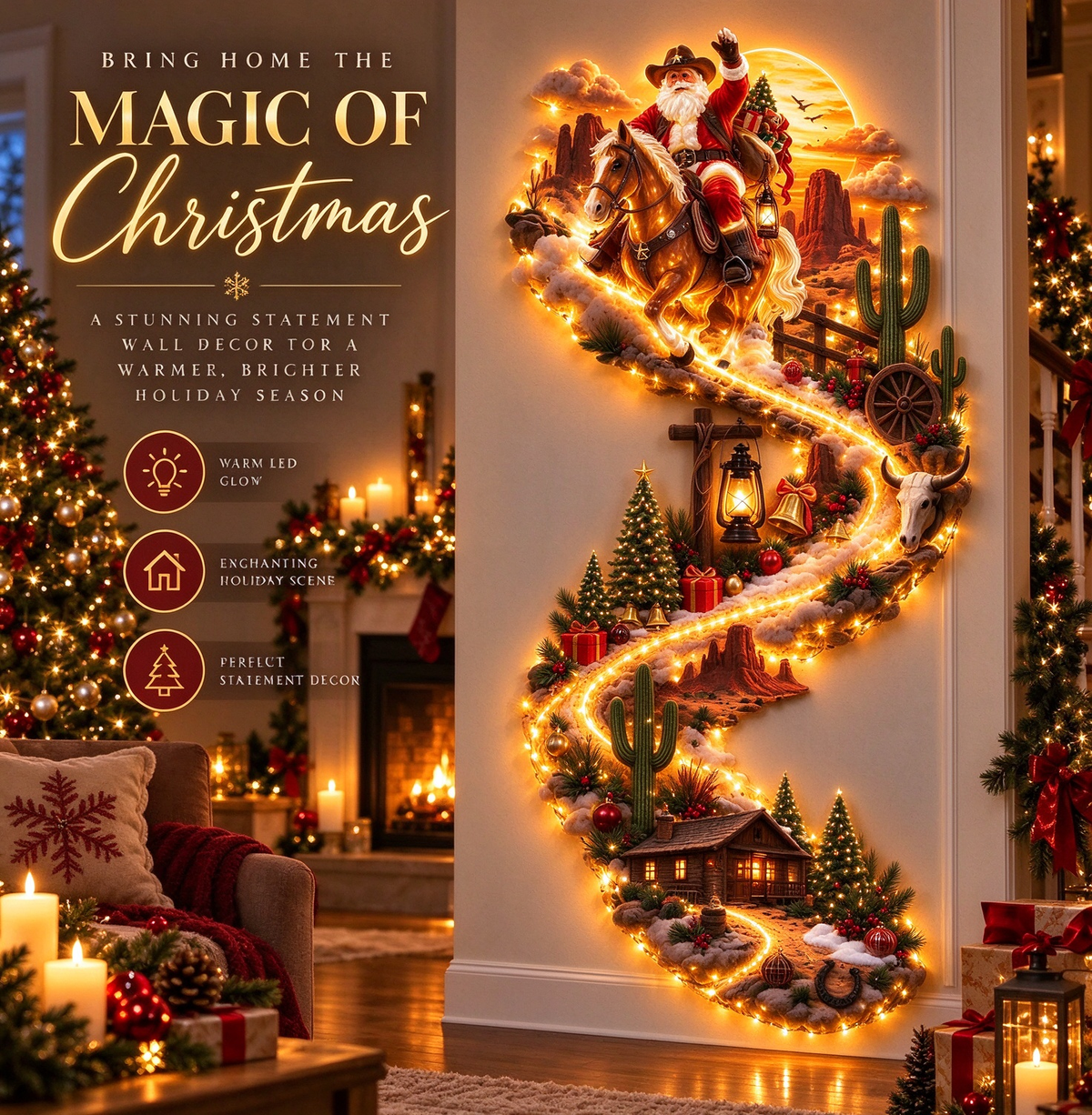 🔥 Last Day – 50% Off!🎅Cowboy Santa on Horse Lighted Wall Décor