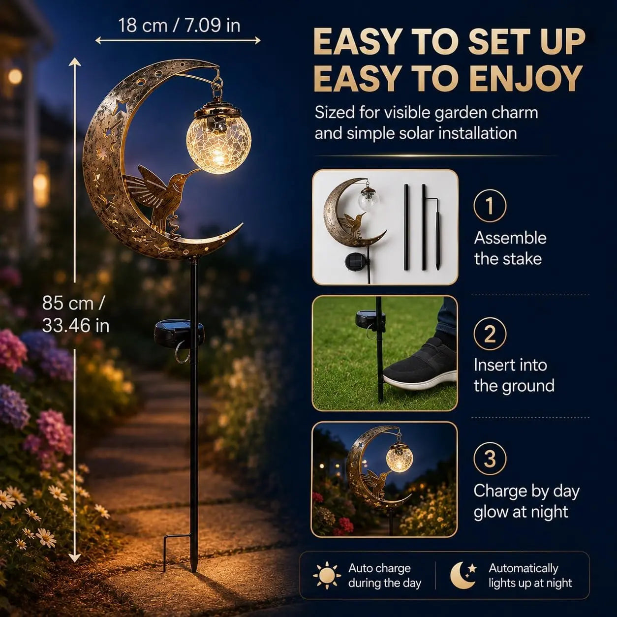 Moon & Hummingbird Garden Stake Light