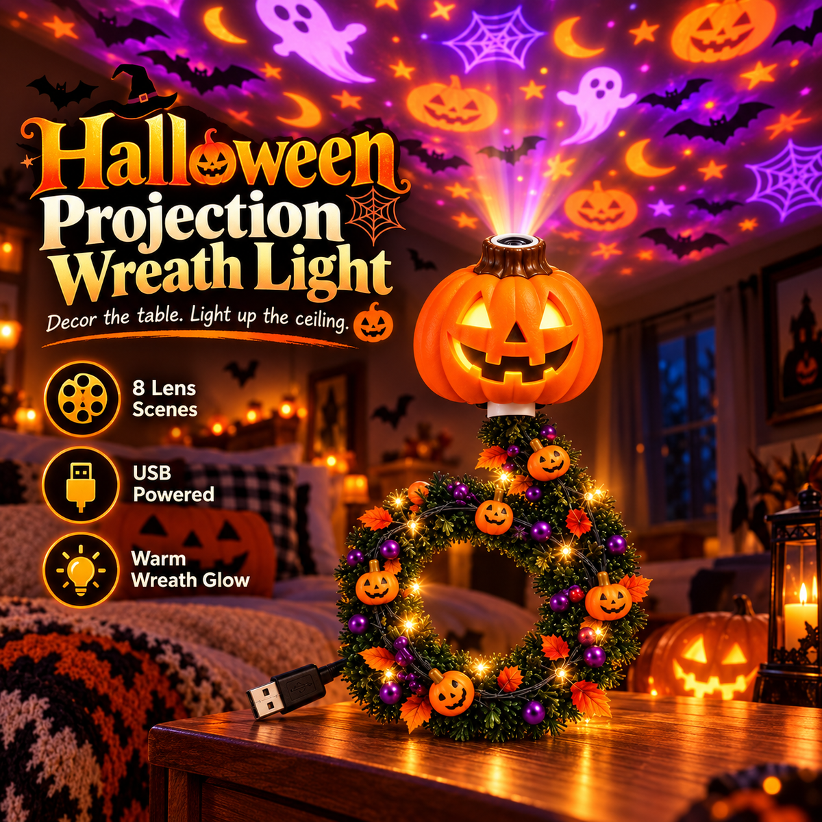 🎄🎃 Holiday Projection Wreath Light – Christmas & Halloween Ceiling Projector Decor
