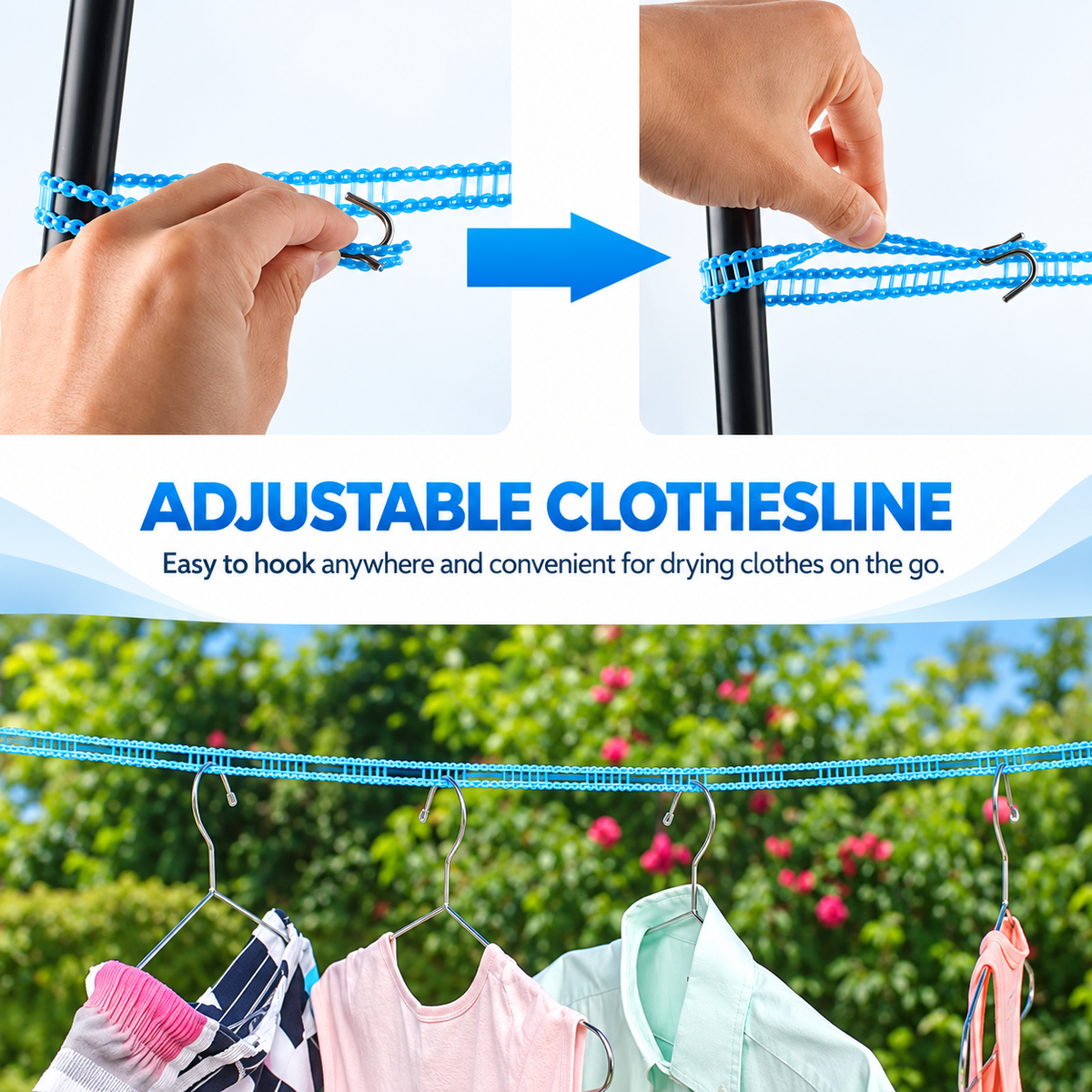 🔥Hot Sale - 50% OFF🔥 3-Pack Adjustable Windproof Clothesline with Hooks