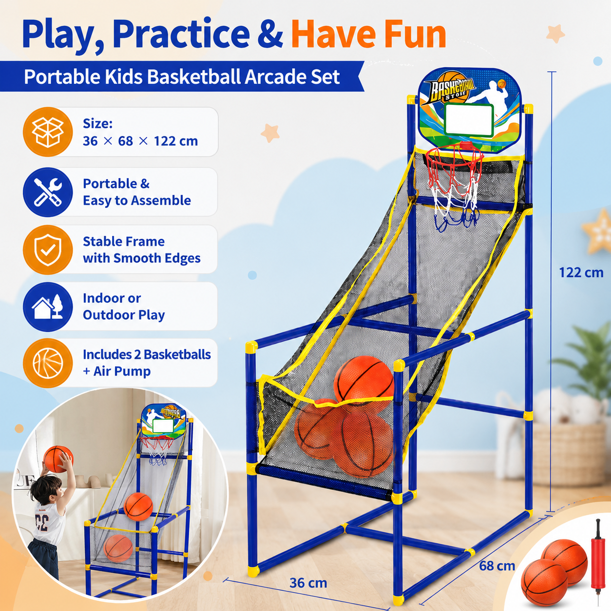 🏀 50% OFF! Kids‘ Indoor Basketball Arcade Game – Auto ball return, sturdy & safe. 4 balls + pump included. Quick setup, endless fun! 🧒💨