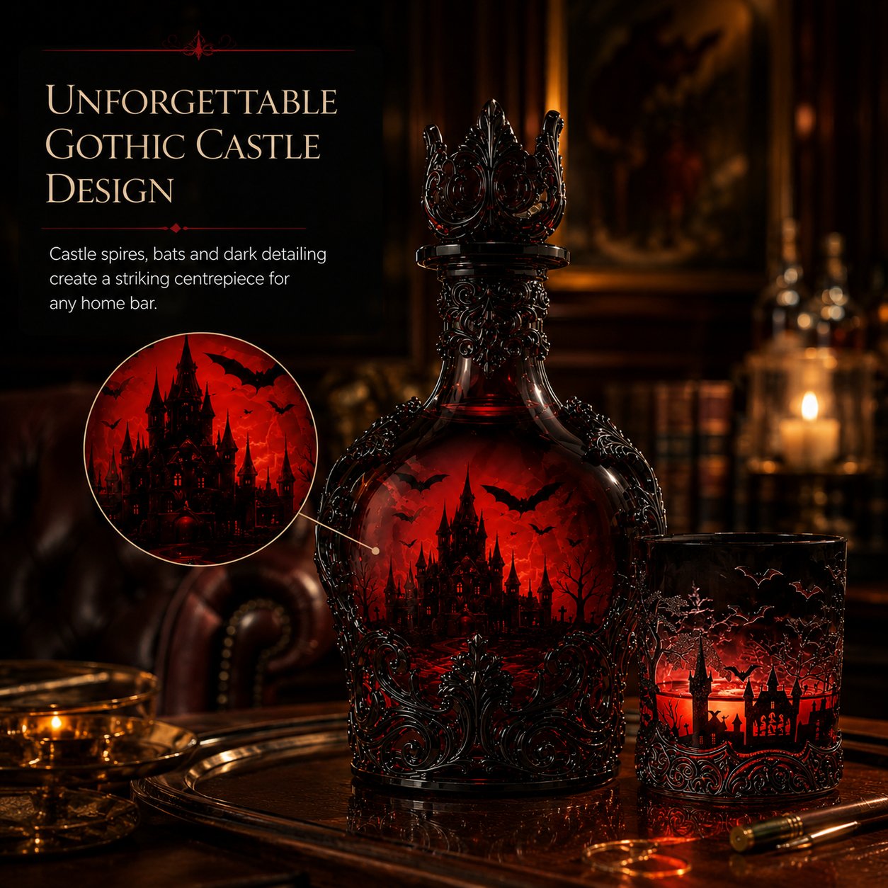 🔥New Arrival Limited Time Offer🦇🍺Gothic Vampire Castle Whisky Decanter & Tumbler