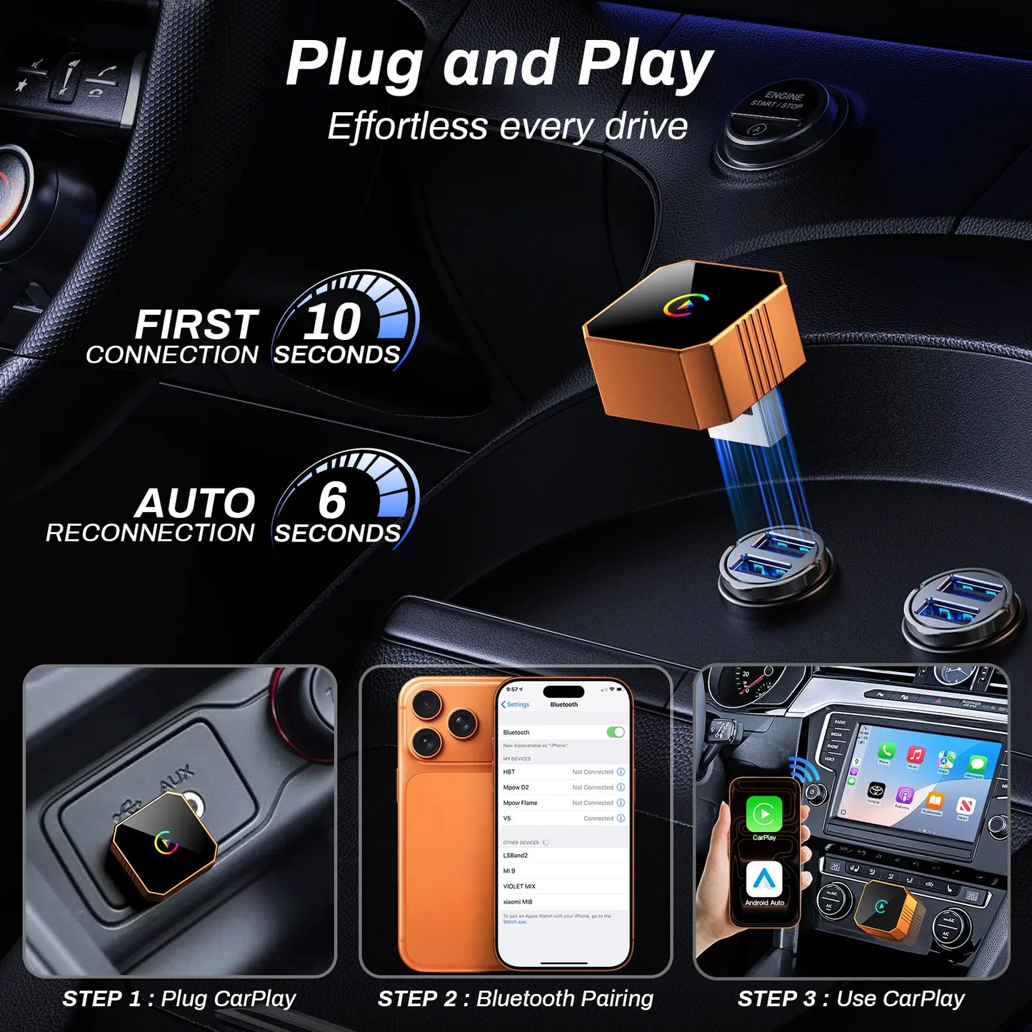 🔥Last Day 50% OFF🔥 Wireless CarPlay & Android Auto Adapter Dongle, Wired to Wi-Fi Conversion for 2016+ Factory CarPlay Cars