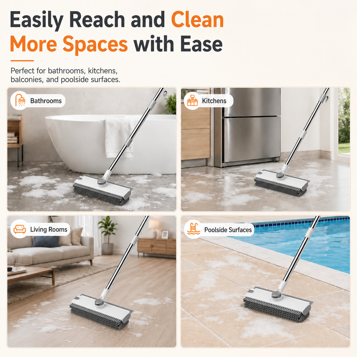 3-in-1 Long Handle Floor Scrub Brush – Scrub, Reach & Squeegee