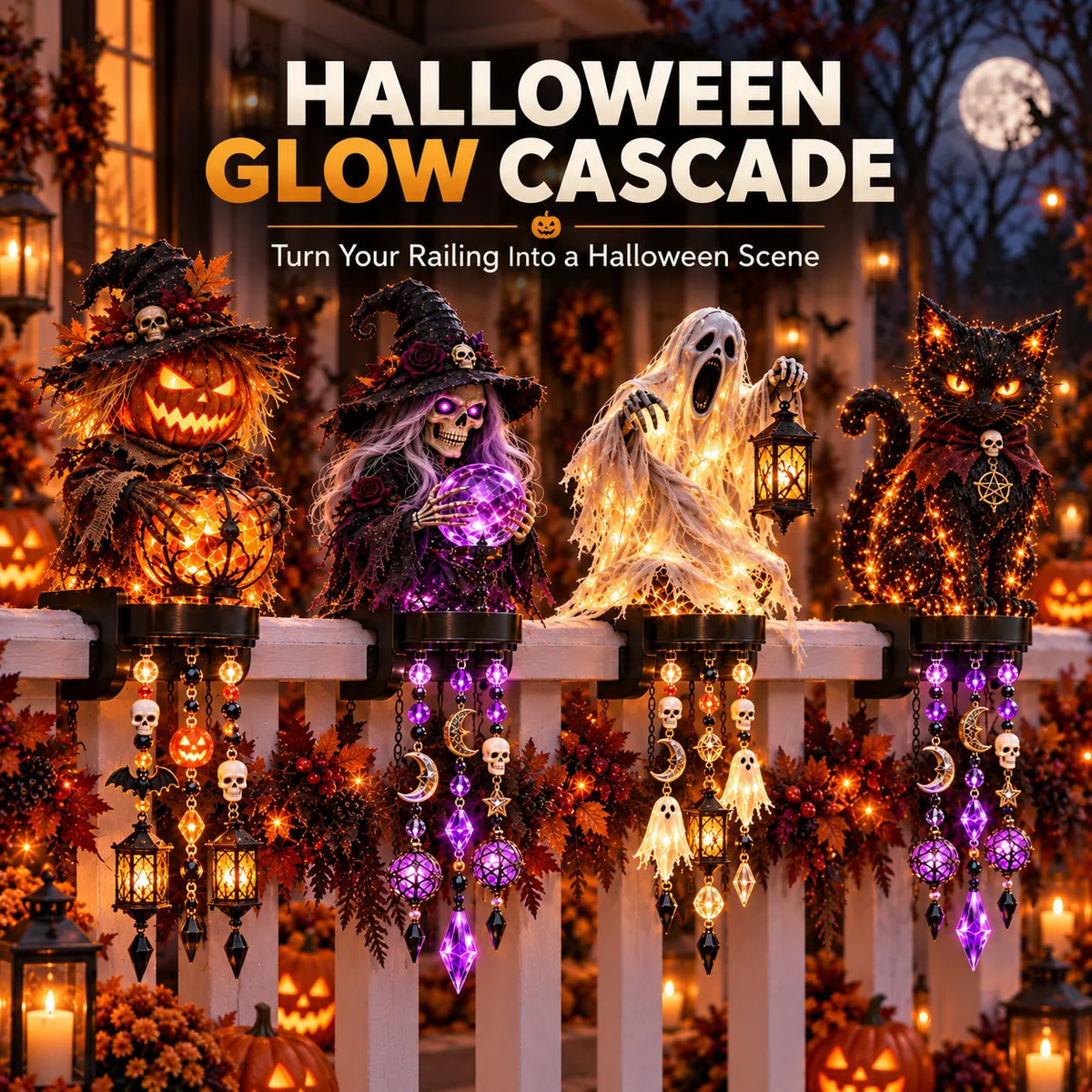 🔥 Halloween Character Glow Cascade Railing Lights – Pumpkin, Witch, Ghost & Black Cat