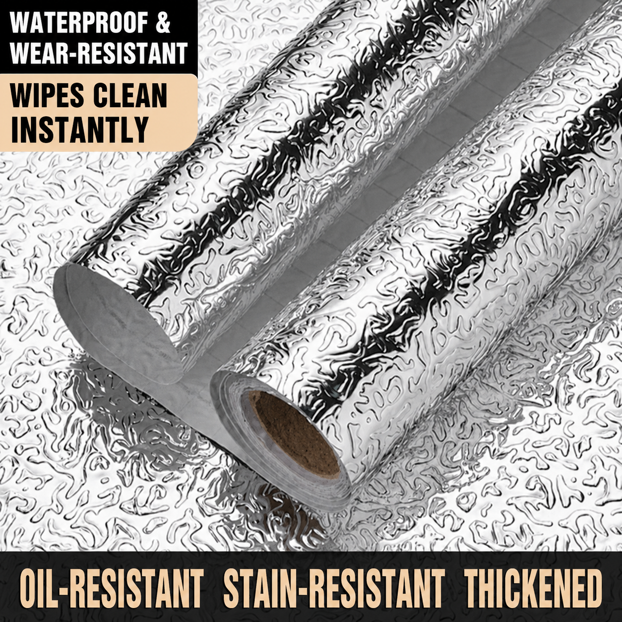 🔥50% OFF – Stainless Steel Oil-Proof Adhesive Wallpaper Roll for Kitchen Countertops, Cabinets & Backsplash