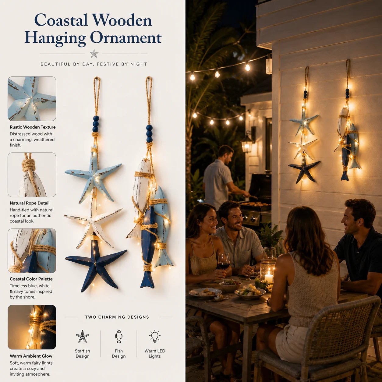 🐟2026 HOT SALE⭐Lighted Coastal Wooden Starfish & Fish Hanging Decor