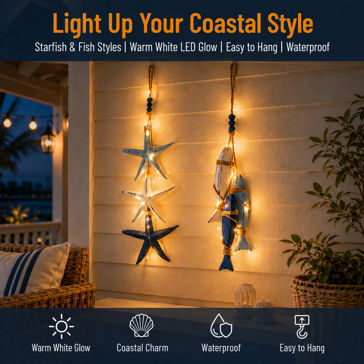 🐟2026 HOT SALE⭐Lighted Coastal Wooden Starfish & Fish Hanging Decor