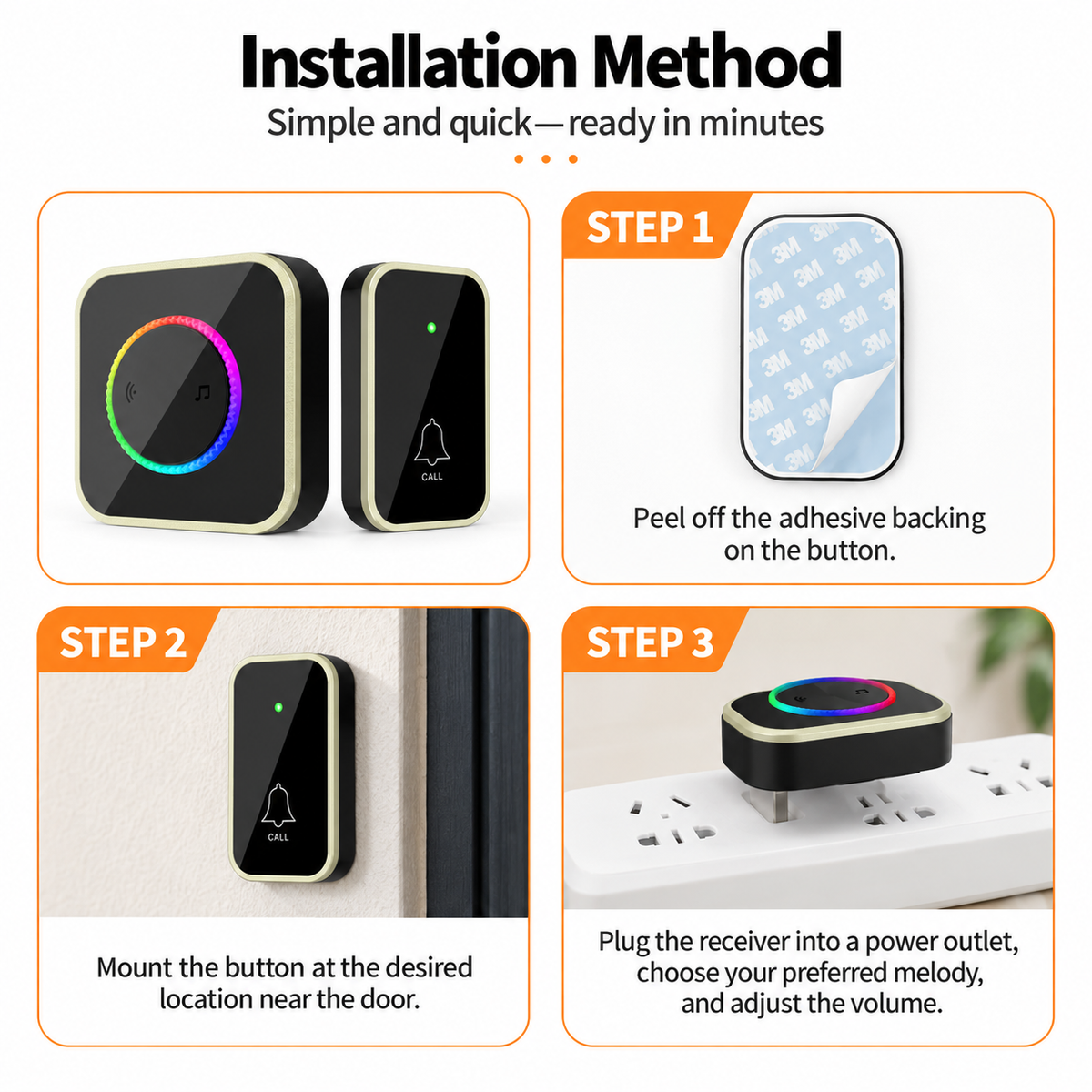 Wireless Doorbell with 7-Color LED Light