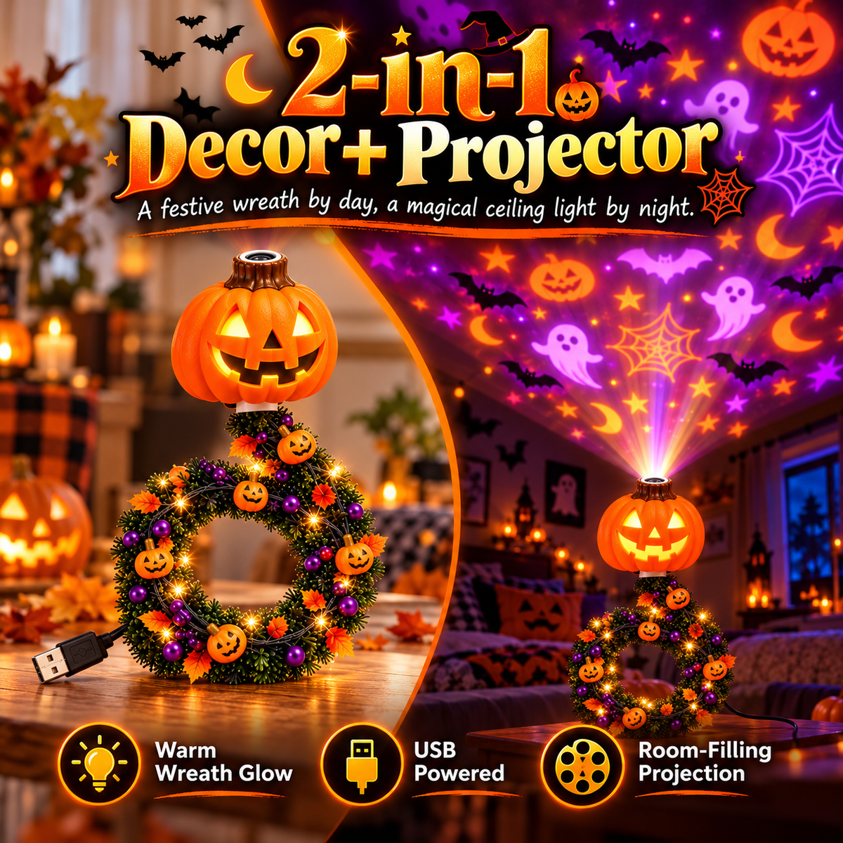 🎄🎃 Holiday Projection Wreath Light – Christmas & Halloween Ceiling Projector Decor