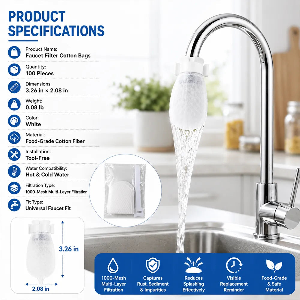 🚰 100 Pack Faucet Filter Cotton Bags – Cleaner Water, Less Splash, No Tools Needed