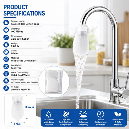 🚰 100 Pack Faucet Filter Cotton Bags – Cleaner Water, Less Splash, No Tools Needed