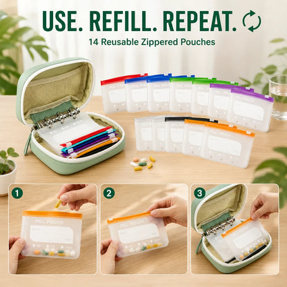 ✨2‑Week Pill Organizer Binder Case | 14 Reusable Color‑Coded Pill Pouch💊 Travel Waterproof Medication Storage Bag for Vitamins Supplements