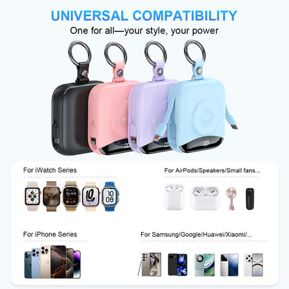 10000mAh Portable Charger Power Bank with Built-in Cables Travel Keychain Battery Pack for Apple Watch iPhone AirPods