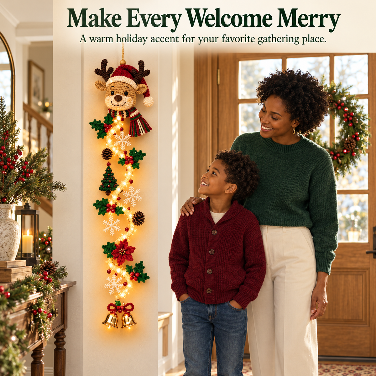 🎄 Lighted Christmas Door Hanger | 6 Festive Designs with Warm LED Glow & 3D Holiday Details