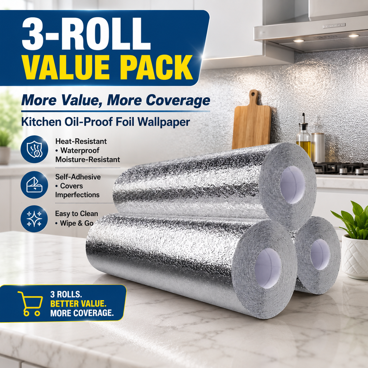 🔥50% OFF – Stainless Steel Oil-Proof Adhesive Wallpaper Roll for Kitchen Countertops, Cabinets & Backsplash