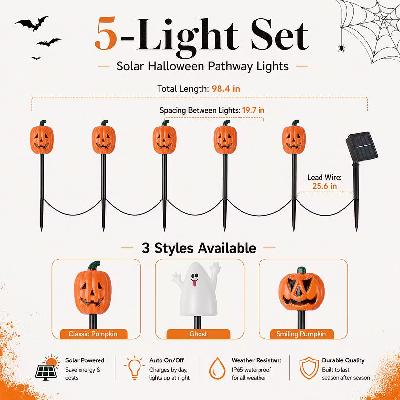 5-Pack Solar Pumpkin Pathway Lights – Halloween Outdoor Yard Decor 🎃