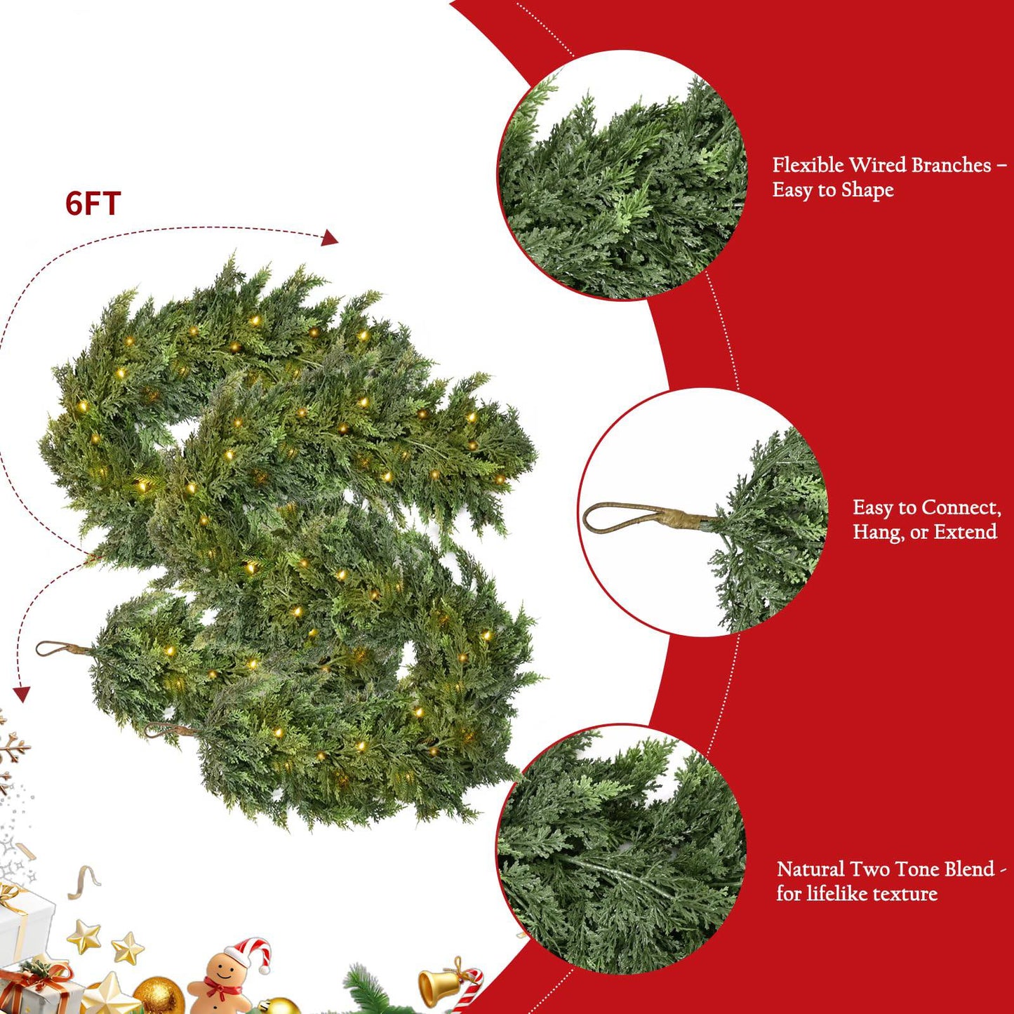 🎄✨ Pre-Lit Christmas Cedar Garland – Festive Holiday Greenery with Built-In Lights
