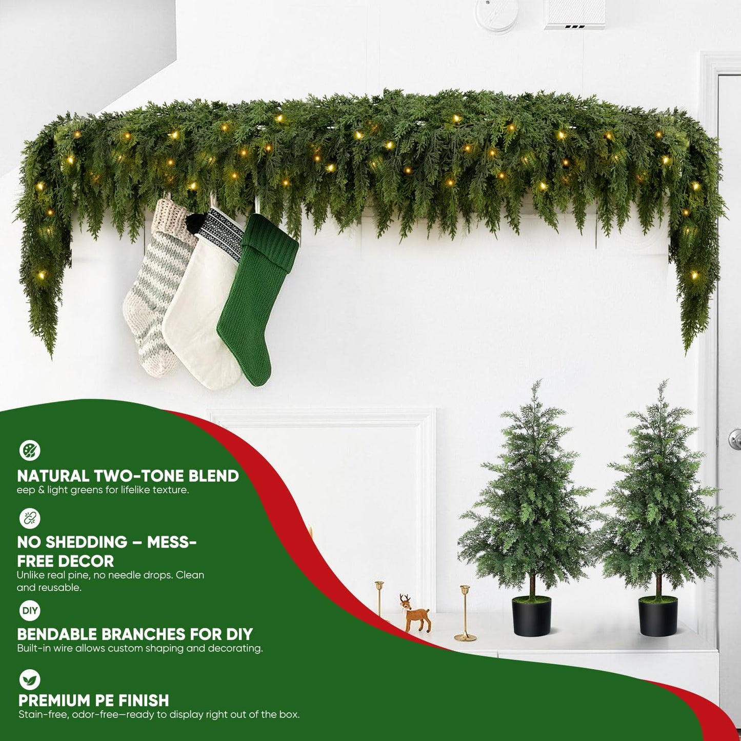 🎄✨ Pre-Lit Christmas Cedar Garland – Festive Holiday Greenery with Built-In Lights