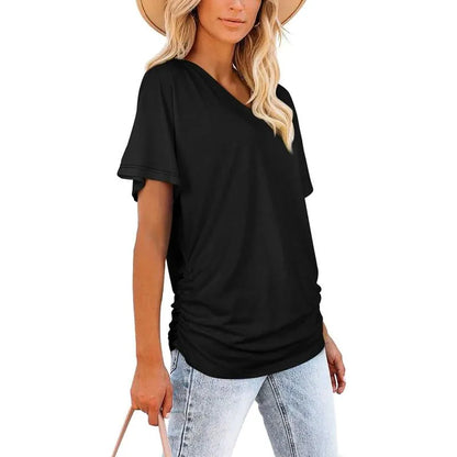 ✨Womens Short Sleeve V Neck Dolman Tops with Side Shirring Loose Fit Shirts