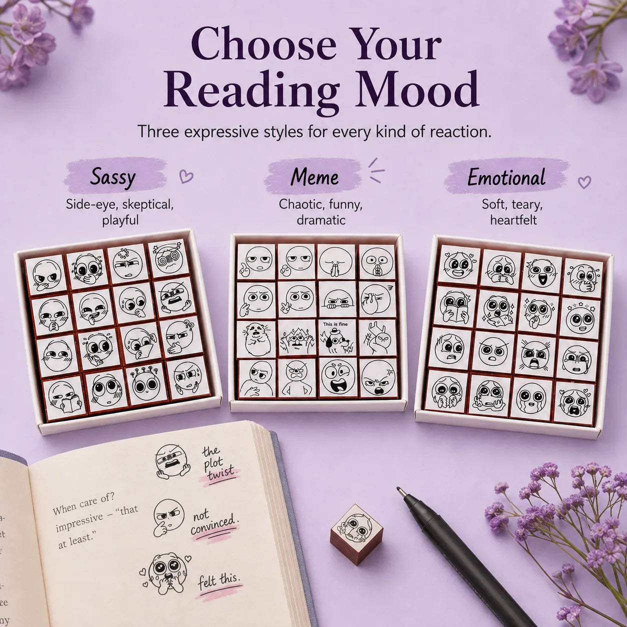 📚 Expression Reaction Stamp Set – Cute Book Annotation Stamps for Readers & Journaling
