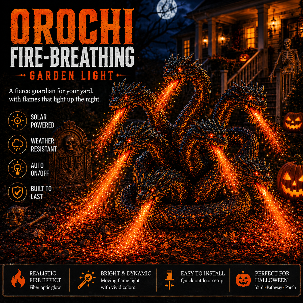 Fire-Breathing Orochi Solar Garden Light – Epic Multi-Headed Dragon Halloween Decor
