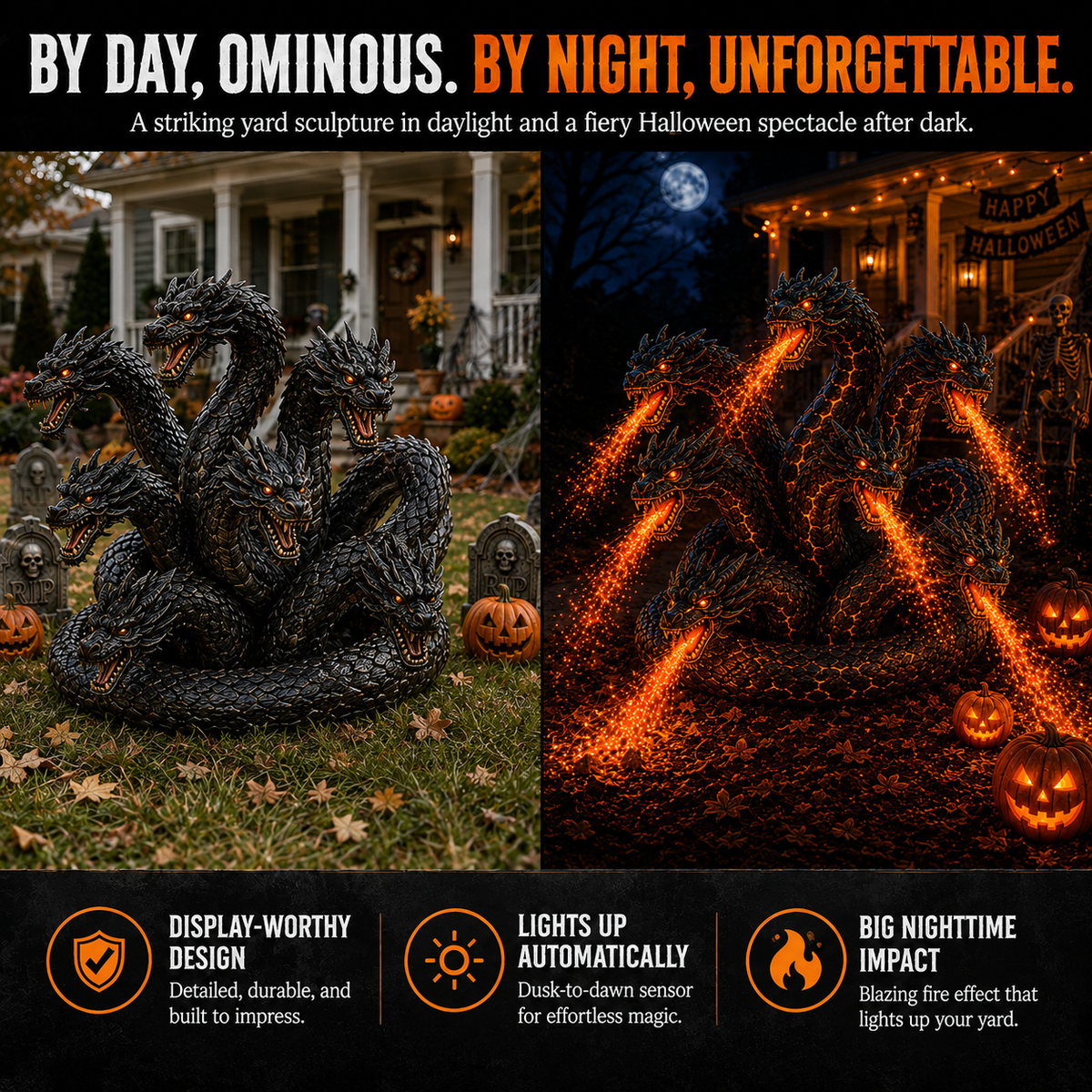Fire-Breathing Orochi Solar Garden Light – Epic Multi-Headed Dragon Halloween Decor