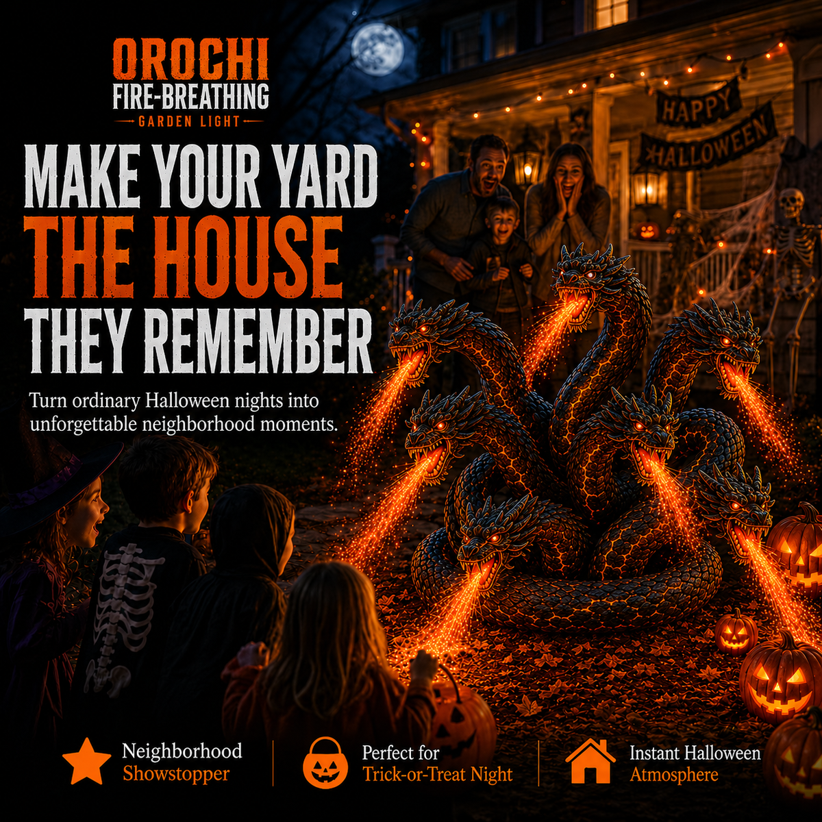 Fire-Breathing Orochi Solar Garden Light – Epic Multi-Headed Dragon Halloween Decor