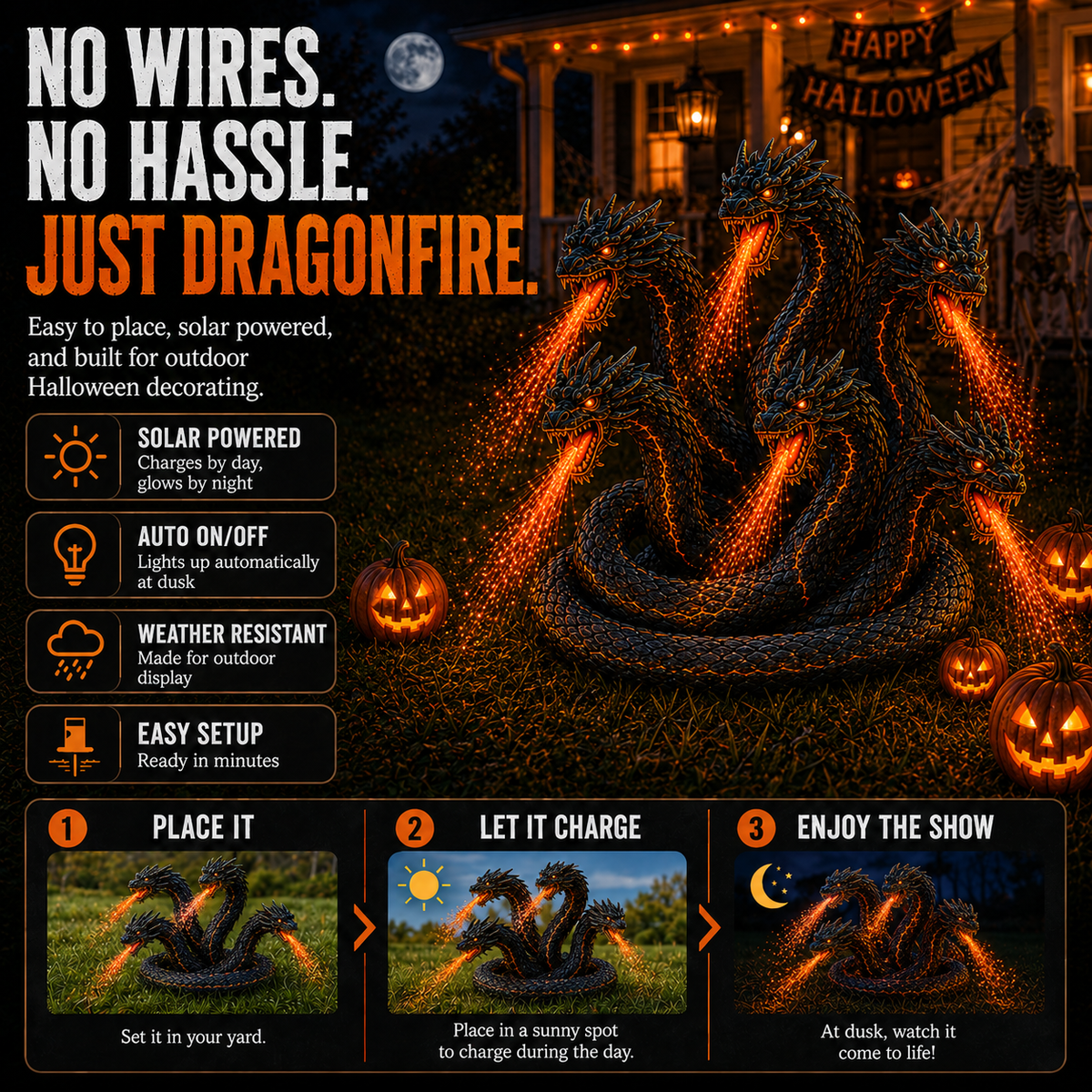 Fire-Breathing Orochi Solar Garden Light – Epic Multi-Headed Dragon Halloween Decor