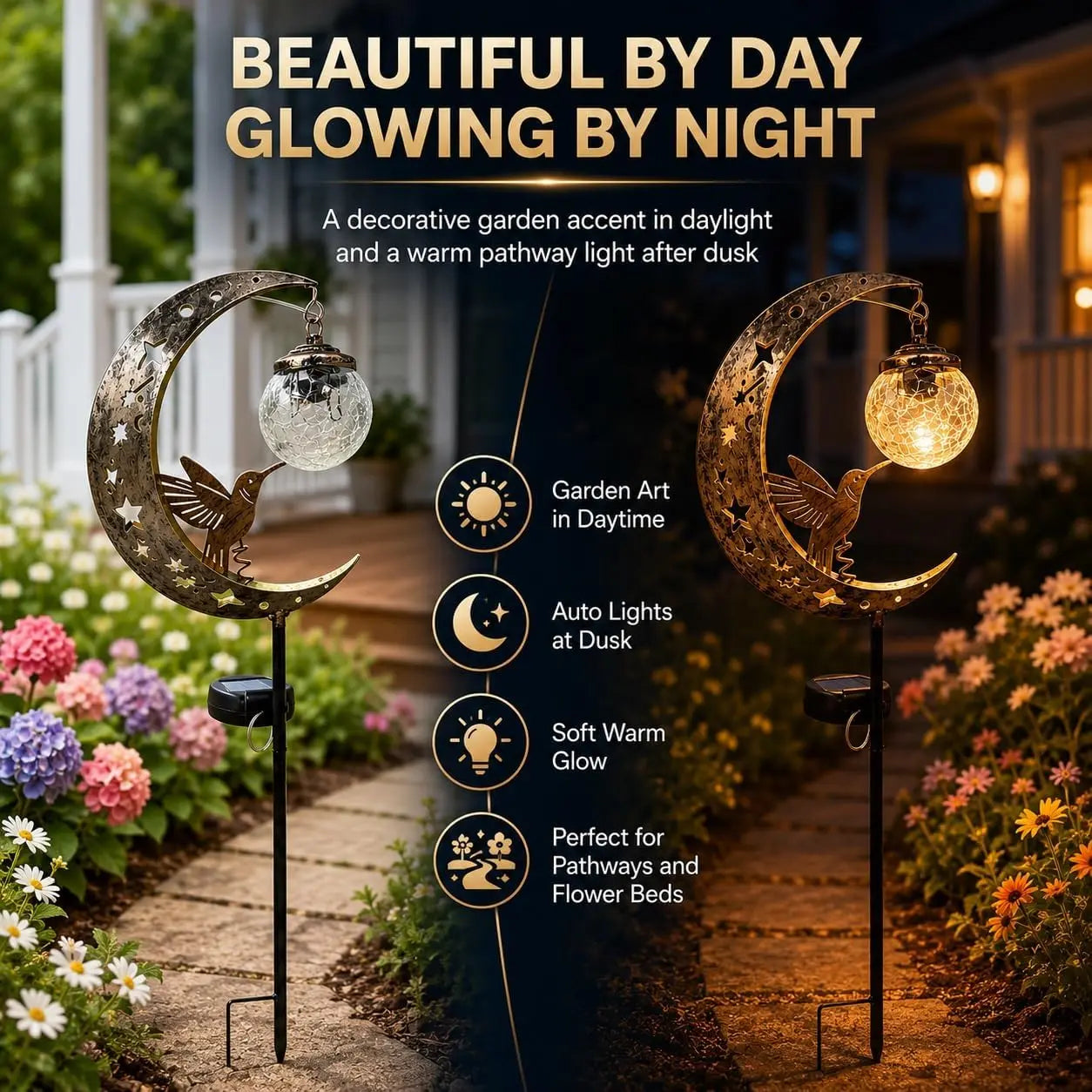 Moon & Hummingbird Garden Stake Light