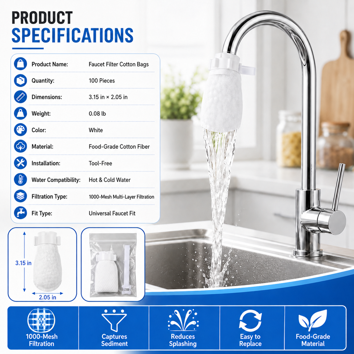 🚰 100 Pack Faucet Filter Cotton Bags – Cleaner Water, Less Splash, No Tools Needed