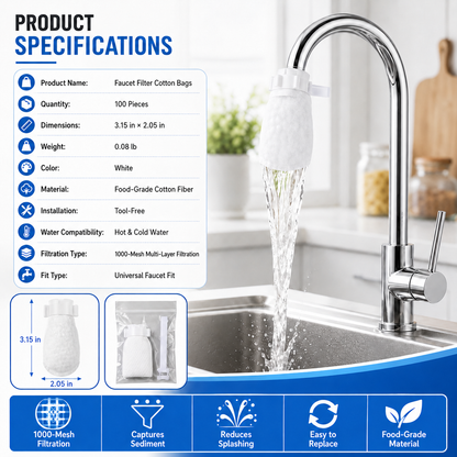 🚰 100 Pack Faucet Filter Cotton Bags – Cleaner Water, Less Splash, No Tools Needed