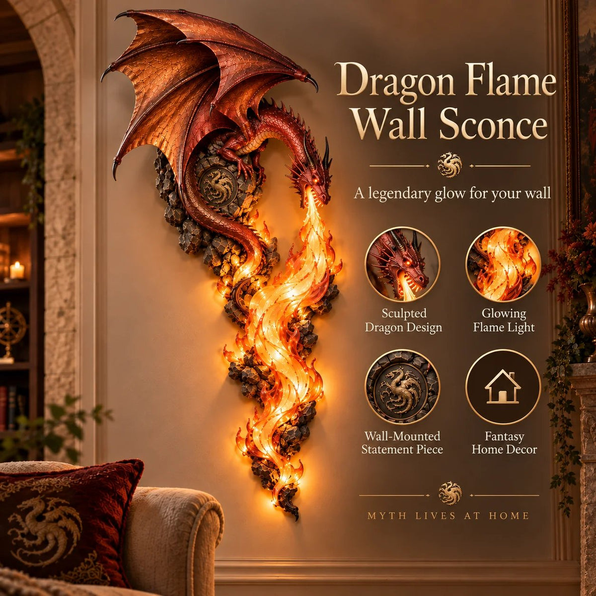 🔥 Dragonfire Guardian Wall Sconce – Legendary Dragon Flame Wall Light
