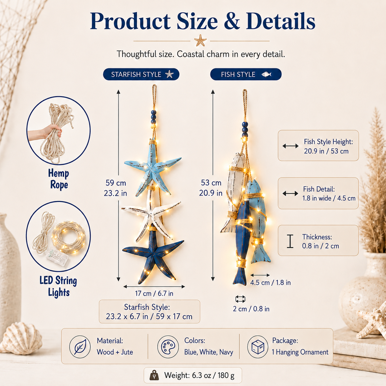 🐟2026 HOT SALE⭐Lighted Coastal Wooden Starfish & Fish Hanging Decor