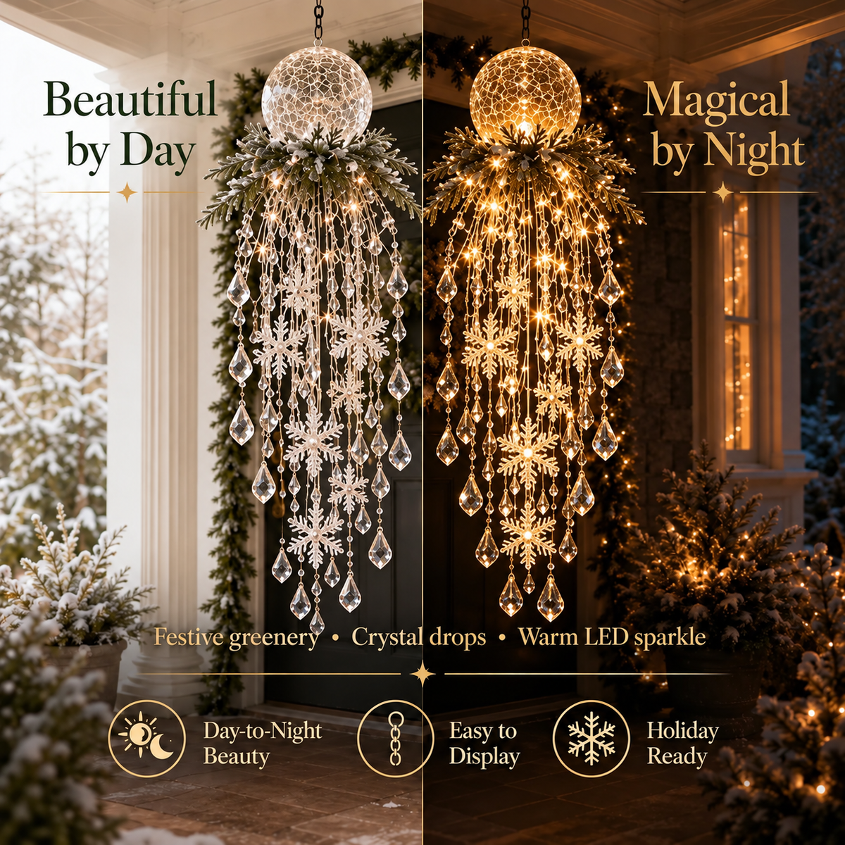 Crystal Waterfall Christmas Lights – Hanging Snowflake & Crystal LED Porch Decor ✨❄️