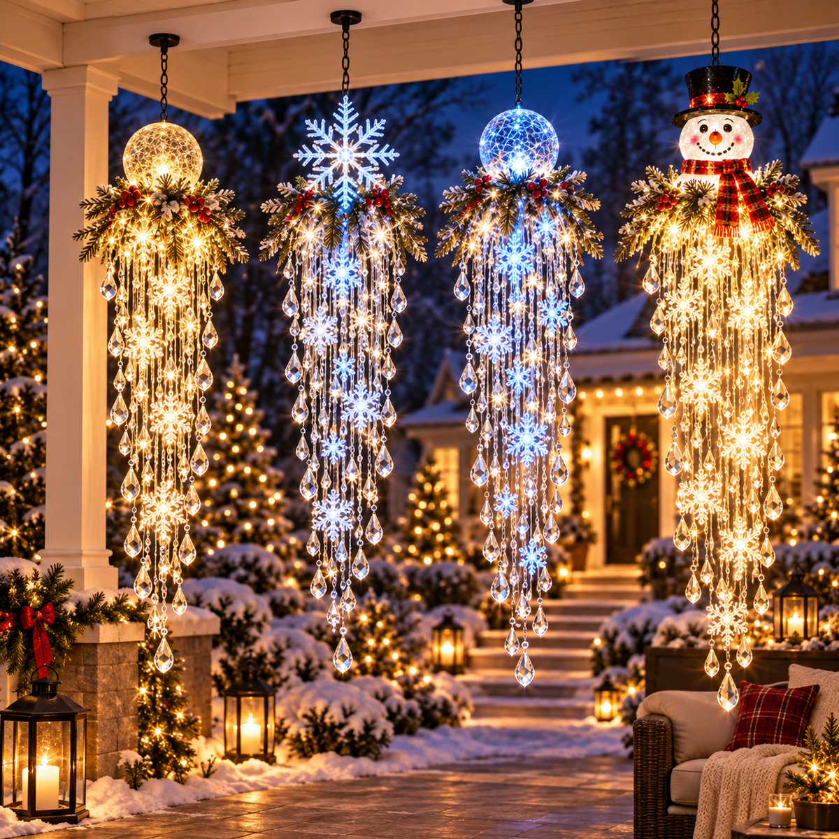 Crystal Waterfall Christmas Lights – Hanging Snowflake & Crystal LED Porch Decor ✨❄️