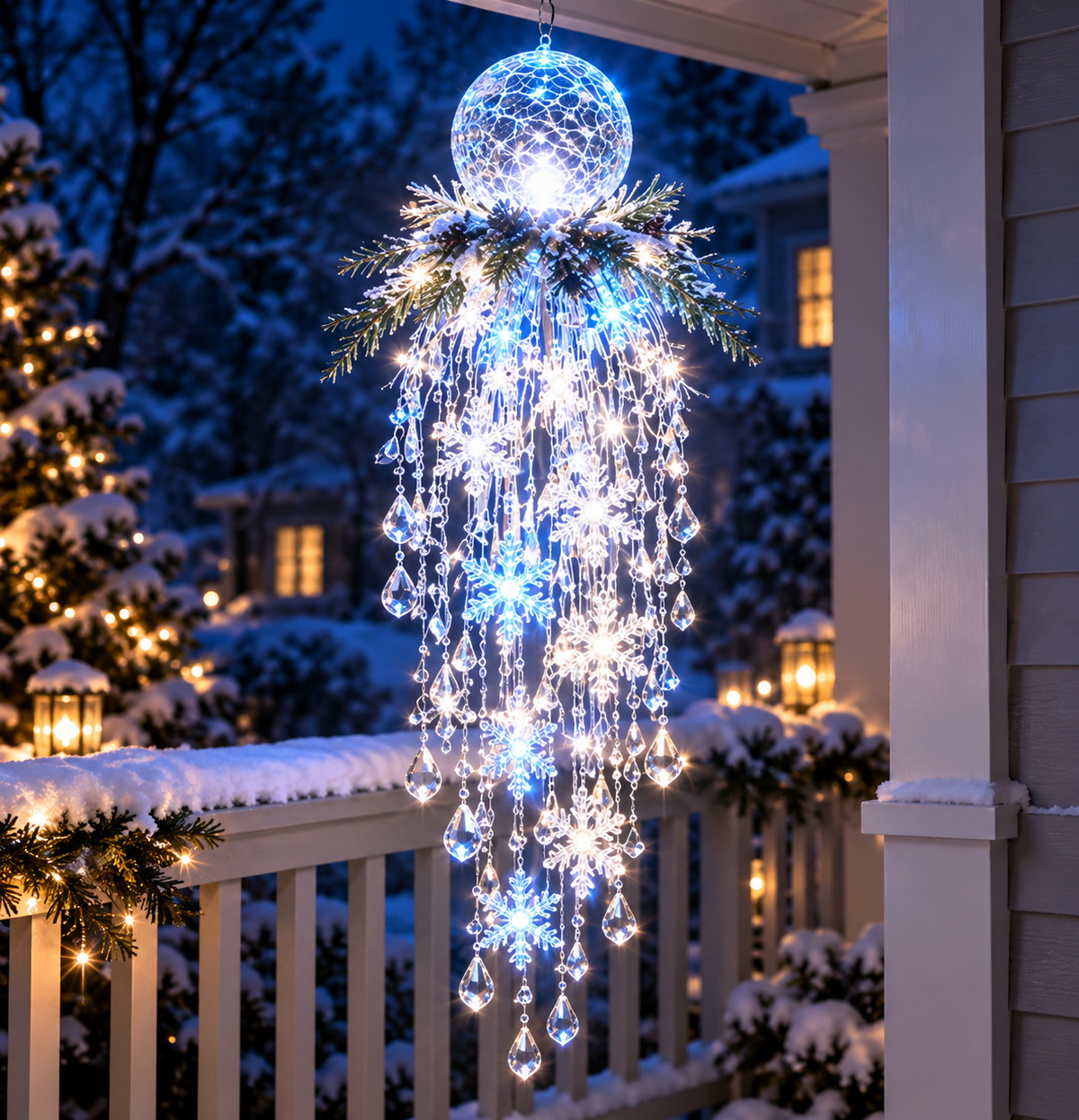 Crystal Waterfall Christmas Lights – Hanging Snowflake & Crystal LED Porch Decor ✨❄️