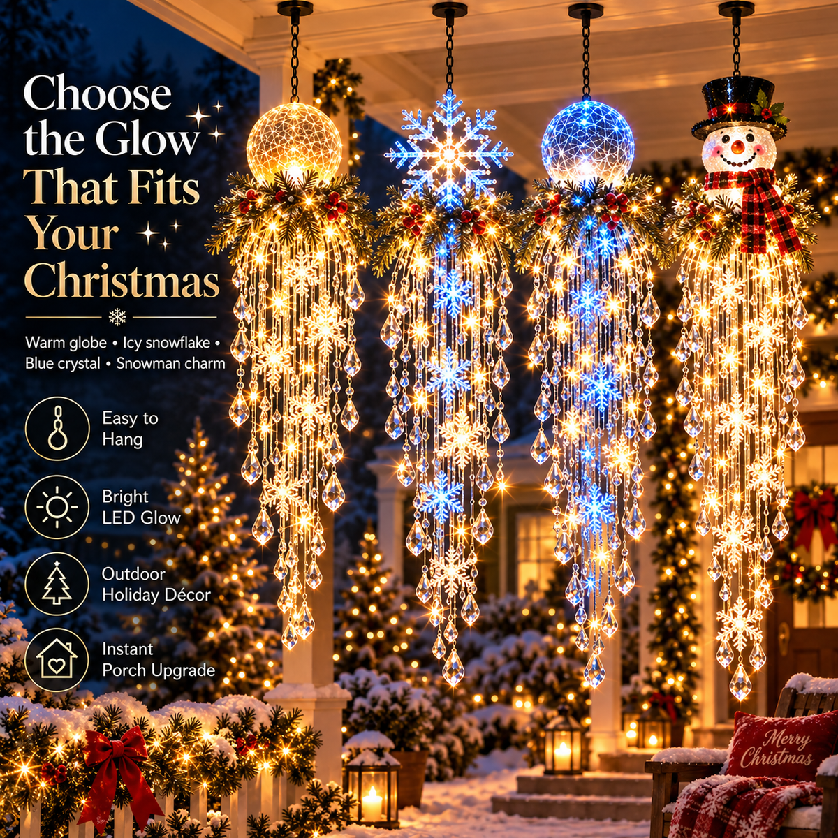 Crystal Waterfall Christmas Lights – Hanging Snowflake & Crystal LED Porch Decor ✨❄️